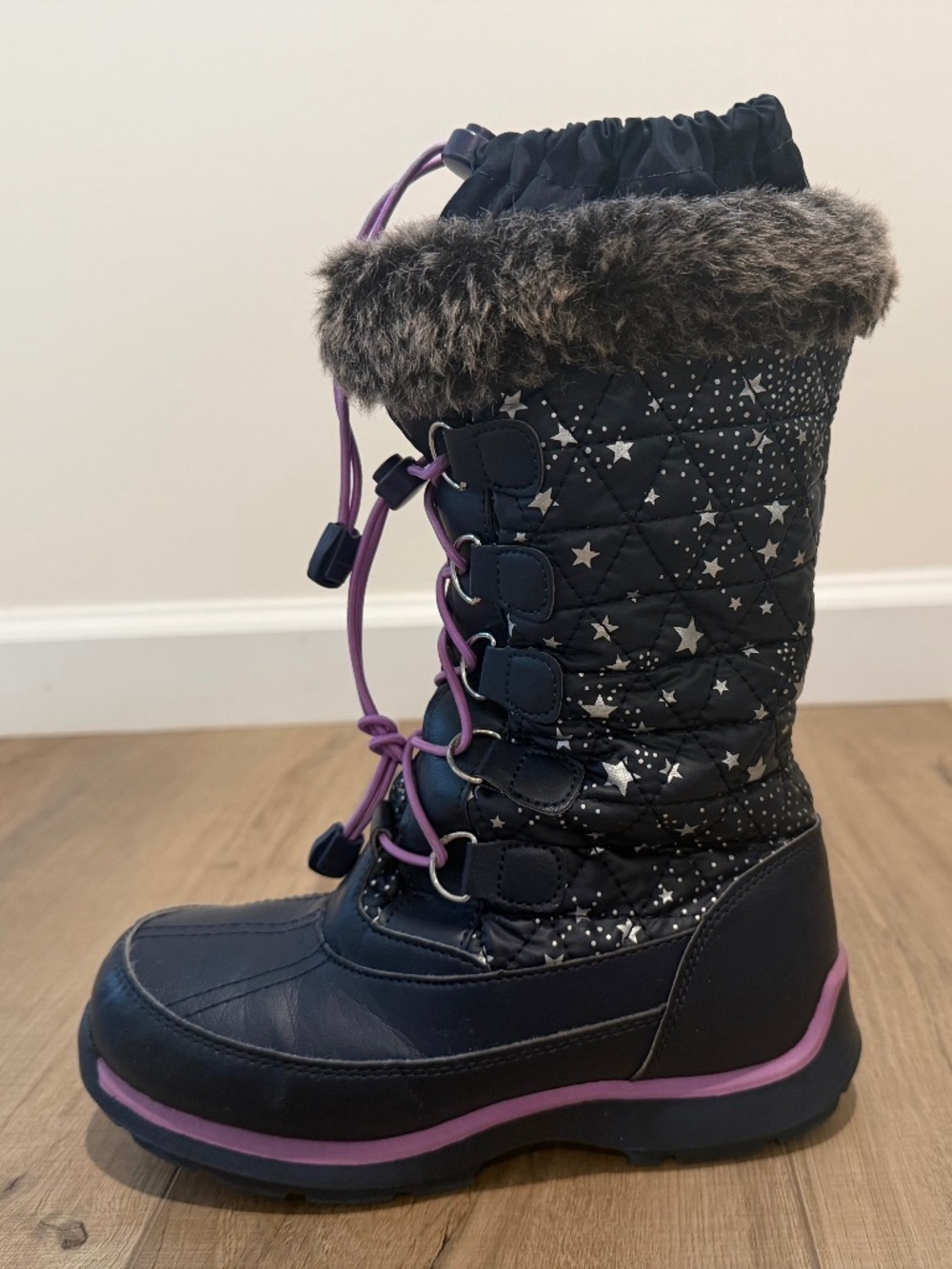 Lands’ End Girls Snow Boots Size 2M Navy Star Print Faux Fur